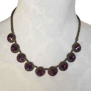 Vintage Sorrelli Purple Crystal Necklace | Brass Tone Statement Neckkace